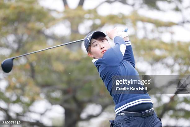 Karin Takeyama plays a tee shot on the second hole during the final round of the Rashink Nijinia/RKB Ladies at the Queens Hill Golf Club on March 29,...