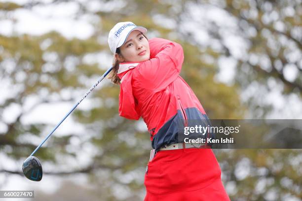 Weiwei Zhang plays a tee shot on the second hole during the final round of the Rashink Nijinia/RKB Ladies at the Queens Hill Golf Club on March 29,...