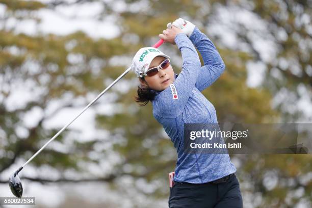 Yumiko Baba plays a tee shot on the second hole during the final round of the Rashink Nijinia/RKB Ladies at the Queens Hill Golf Club on March 29,...