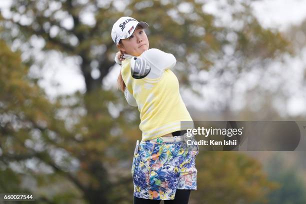Mayu Hosaka plays a tee shot on the second hole during the final round of the Rashink Nijinia/RKB Ladies at the Queens Hill Golf Club on March 29,...