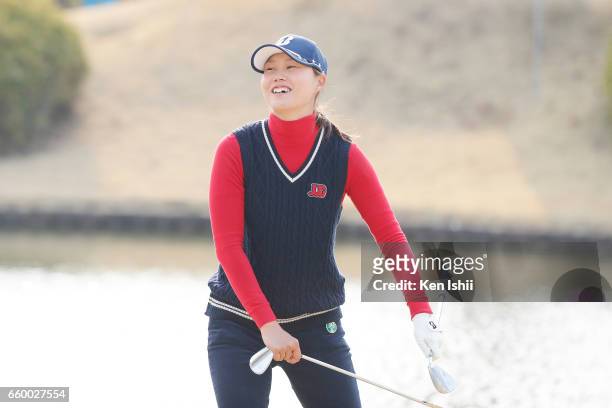 Eri Fukuyama reacts after her putt on the 18th hole in her playoff with Kurumi Dohi during the final round of the Rashink Nijinia/RKB Ladies at the...