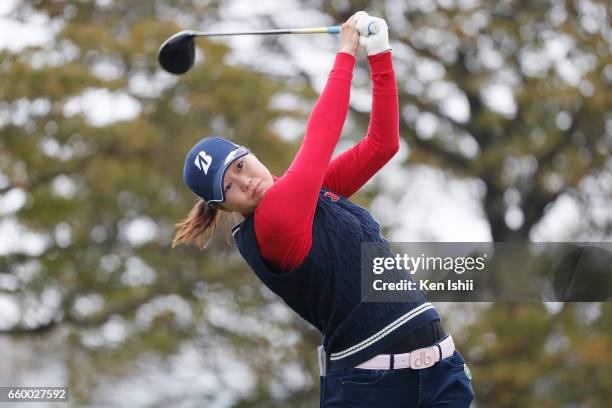 Eri Fukuyama plays a tee shot on the second hole during the final round of the Rashink Nijinia/RKB Ladies at the Queens Hill Golf Club on March 29,...