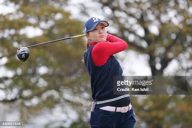 Eri Fukuyama plays a tee shot on the second hole during the final round of the Rashink Nijinia/RKB Ladies at the Queens Hill Golf Club on March 29,...