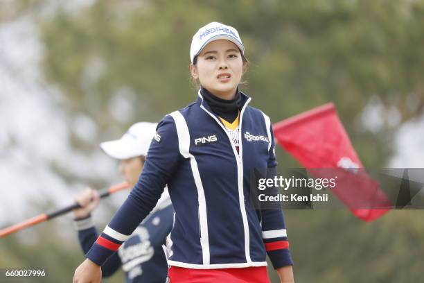 Weiwei Zhang of China reacts after her 15th hole during the final round of the Rashink Nijinia/RKB Ladies at the Queens Hill Golf Club on March 29,...