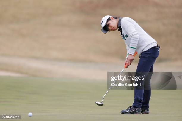 Miyu Sato putts on the 15th hole during the final round of the Rashink Nijinia/RKB Ladies at the Queens Hill Golf Club on March 29, 2017 in Itoshima,...