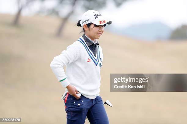 Miyu Sato reacts after her putt on the 15th hole during the final round of the Rashink Nijinia/RKB Ladies at the Queens Hill Golf Club on March 29,...