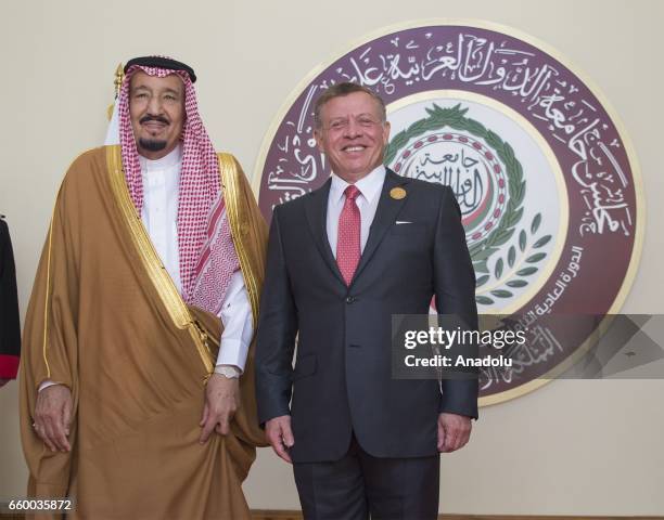 Saudi Arabia's King Salman bin Abdulaziz Al Saud and Jordan's King Abdullah II pose for a photo before the Arab League summit in Dead Sea Region,...