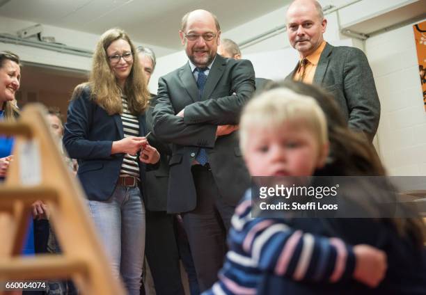 Martin Schulz, chairman of the Social Democratic Party of Germany , visits the multi-generational house Philantow on March 29, 2017 in Teltow near...