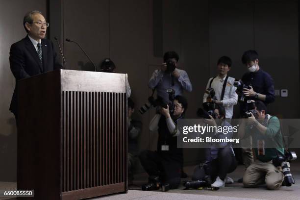 Satoshi Tsunakawa, president of Toshiba Corp., speaks during a news conference in Tokyo, Japan, on Wednesday, March 29, 2017. Toshiba projected its...