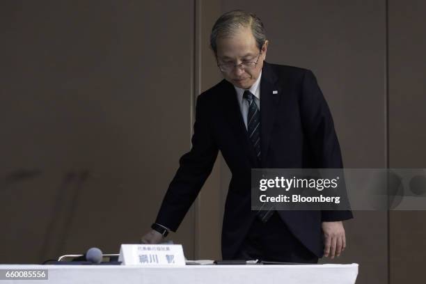 Satoshi Tsunakawa, president of Toshiba Corp., takes his seat before a news conference in Tokyo, Japan, on Wednesday, March 29, 2017. Toshiba...