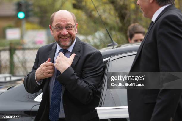 Martin Schulz, chairman of the Social Democratic Party of Germany , visits the multi-generational house Philantow on March 29, 2017 in Teltow near...