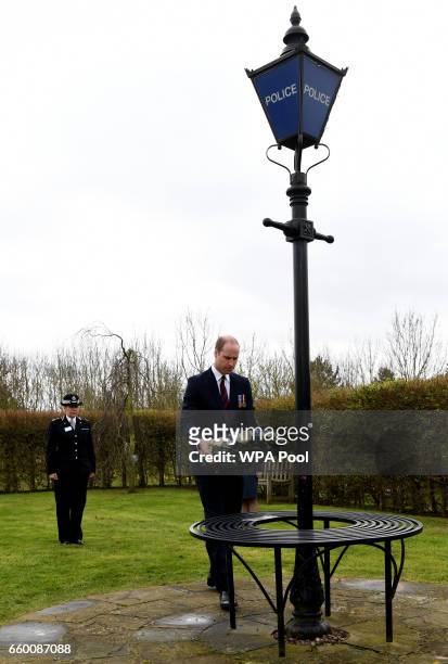 Prince William, Duke of Cambridge lays a wreath at the Police memorial at The National Memorial Arboretum on March 29, 2017 in Stafford, England. The...