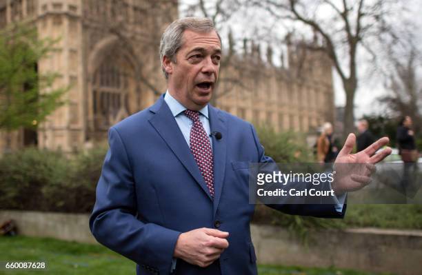 Nigel Farage speaks to the media outside the Houses of Parliament on March 29, 2017 in London, England. Today British Prime Minister Theresa May...