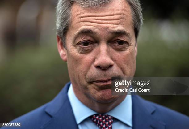 Nigel Farage speaks to the media outside the Houses of Parliament on March 29, 2017 in London, England. Today British Prime Minister Theresa May...