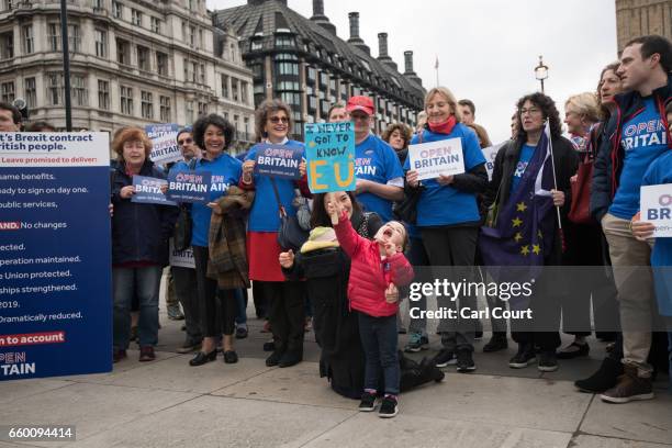 Protesters from Open Britain demonstrate outside the Houses of Parliament on March 29, 2017 in London, England. Today British Prime Minister Theresa...