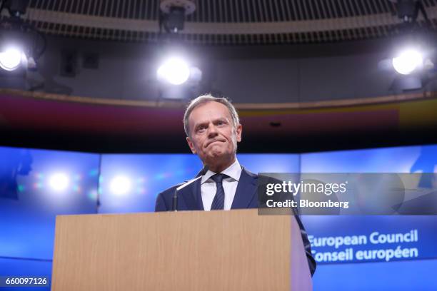 Donald Tusk, president of the European Union , pauses during a news conference at the European Council in Brussels, Belgium, on Wednesday, March 29,...