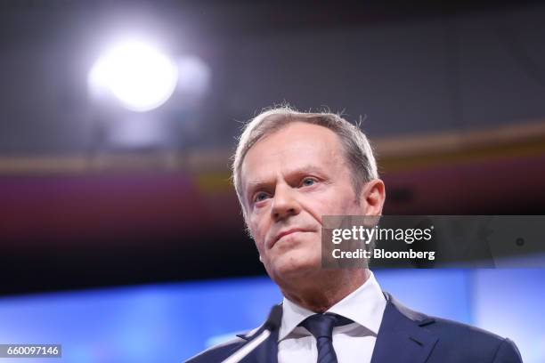 Donald Tusk, president of the European Union , pauses during a news conference at the European Council in Brussels, Belgium, on Wednesday, March 29,...