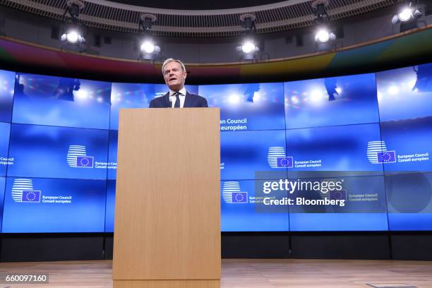 Donald Tusk, president of the European Union , speaks during a news conference at the European Council in Brussels, Belgium, on Wednesday, March 29,...