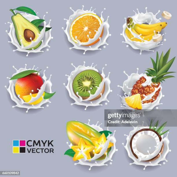 ilustraciones, imágenes clip art, dibujos animados e iconos de stock de frutas exóticas en splash de yogur - fruta tropical