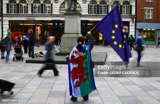 Lone pro-European Union demonstrator waves an EU flag whilst draped in a red dragon flag, the national flag of Wales, as they protest against the...