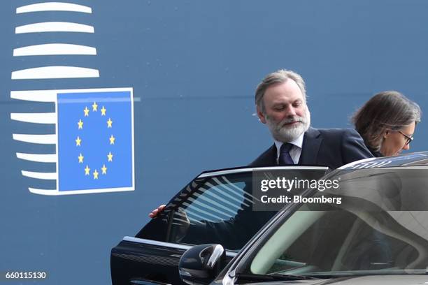 Tim Barrow, U.K. Permanent representative to the European Union , leaves the European Council after delivering the letter that invoked Article 50 of...