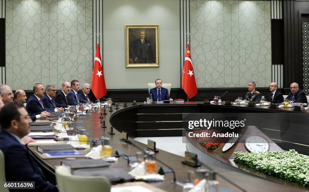 Turkish President Recep Tayyip Erdogan a meeting of National Security Council where Turkish Prime Minister Binali Yildirim and other MGK members...