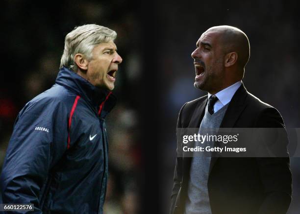 In this composite image a comparision has been made between Arsene Wenger, Manager of Arsenal and Josep Guardiola, Manager of Manchester City....