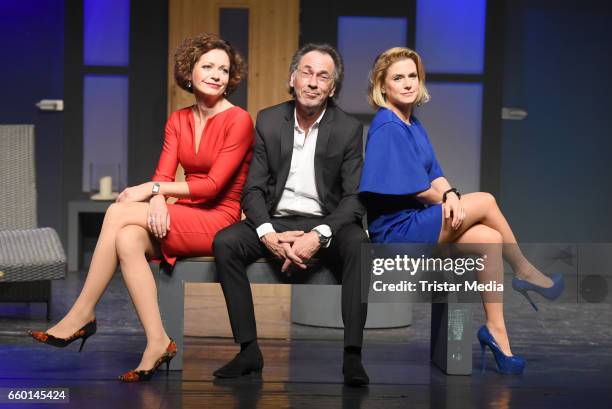 Hugo Egon Balder, Madeleine Niesche and Jeanette Biedermann attend the rehearsal for the play 'Aufguss' at Theater am Kurfuerstendamm on March 29,...