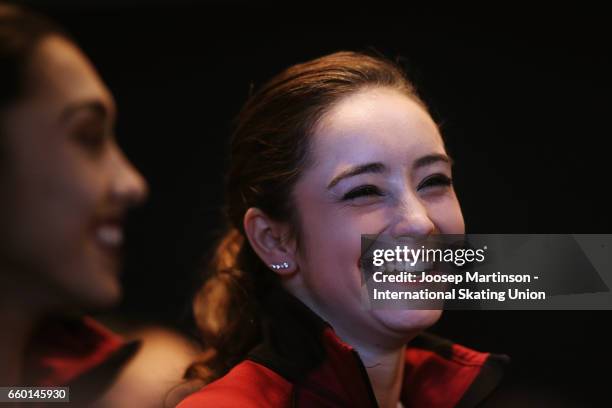 Kaetlyn Osmond of Canada shares a laugh with Gabrielle Daleman of Canada in the Ladies Short Program press conference during day one of the World...