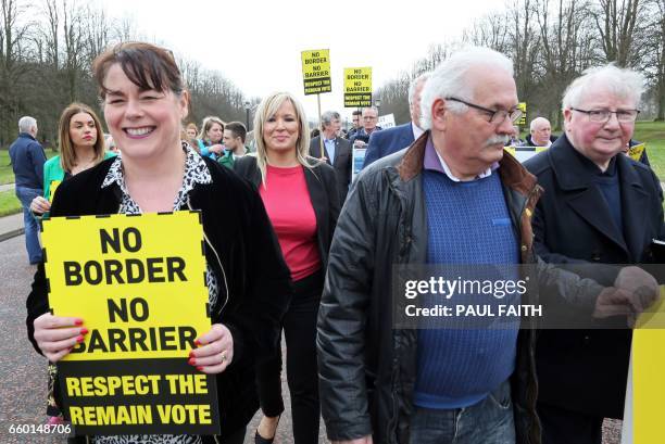 Sinn Fein's Northern Leader Michelle O'Neill joins members of the anit-brexit campaign group "Border communities against Brexit" as they demonstrate...