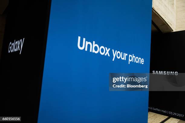 Sianage is displayed before the start of the Samsung Unpacked product launch event in New York, U.S., on Wednesday, March 29, 2017. Samsung...