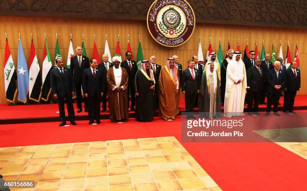 Arab leaders pose for a group photo during the Arab League summit in the Jordanian Dead Sea resort of Sweymah, Jordan, March 29, 2017. Arab leaders...