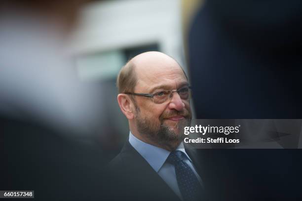 Martin Schulz, chancellor candidate of the German Social Democrats gives a statement after a visit of the multigenerational house Philantow on March...