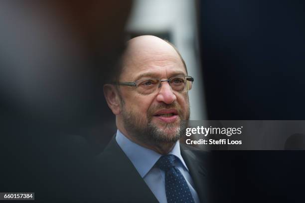 Martin Schulz, chancellor candidate of the German Social Democrats gives a statement after a visit of the multigenerational house Philantow on March...