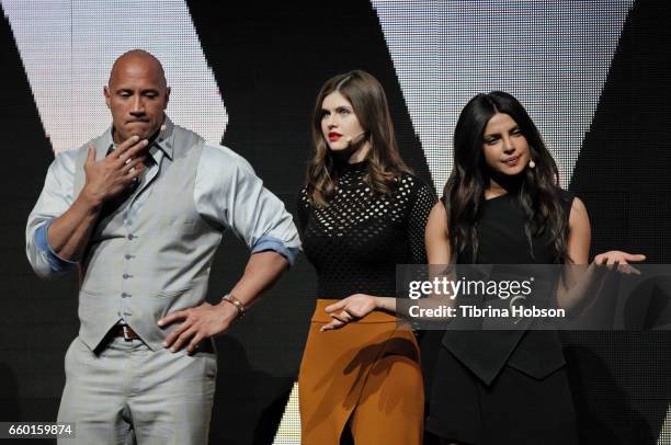 Dwayne Johnson, Alexandra Daddario and Priyanka Chopra speak at Paramount Pictures' presentation highlighting its 2017 summer and beyond during...