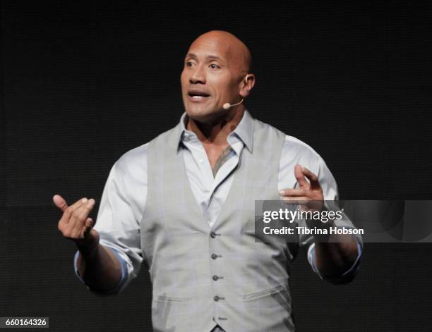 Dwayne Johnson speaks at Paramount Pictures' presentation highlighting its 2017 summer and beyond during CinemaCon at The Colosseum at Caesars Palace...