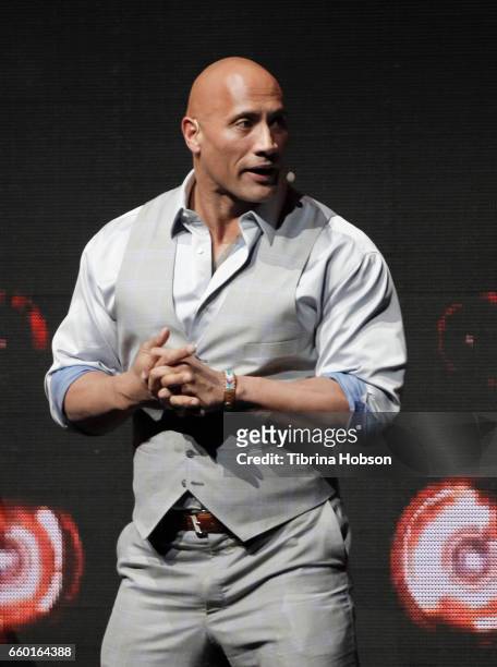 Dwayne Johnson speaks at Paramount Pictures' presentation highlighting its 2017 summer and beyond during CinemaCon at The Colosseum at Caesars Palace...