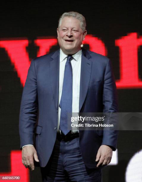 Former Vice President of the United States Al Gore speaks at Paramount Pictures' presentation highlighting its 2017 summer and beyond during...