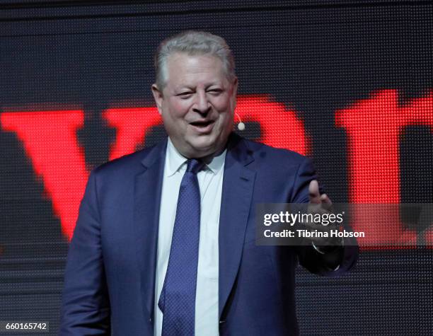 Former Vice President of the United States Al Gore speaks at Paramount Pictures' presentation highlighting its 2017 summer and beyond during...