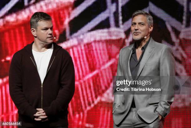 Matt Damon and George Clooney speak at Paramount Pictures' presentation highlighting its 2017 summer and beyond during CinemaCon at The Colosseum at...