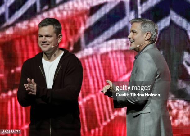 Matt Damon and George Clooney speak at Paramount Pictures' presentation highlighting its 2017 summer and beyond during CinemaCon at The Colosseum at...