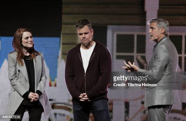 Julianne Moore, Matt Damon and George Clooney speak at Paramount Pictures' presentation highlighting its 2017 summer and beyond during CinemaCon at...