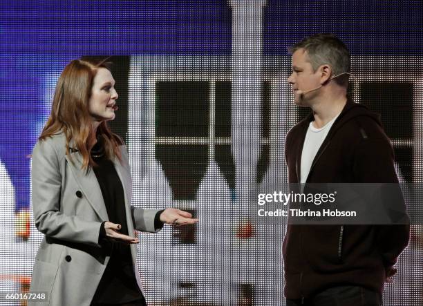 Julianne Moore and Matt Damon speak at Paramount Pictures' presentation highlighting its 2017 summer and beyond during CinemaCon at The Colosseum at...