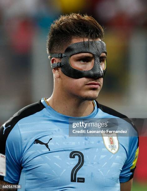 Jose Gimenez of Uruguay looks on during a match between Peru and Uruguay as part of FIFA 2018 World Cup at Nacional Stadium on March 28, 2017 in...