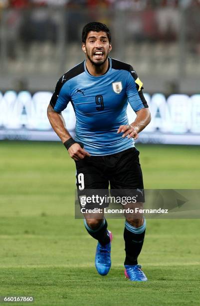 Luis Suarez of Uruguay gestures during a match between Peru and Uruguay as part of FIFA 2018 World Cup at Nacional Stadium on March 28, 2017 in Lima,...