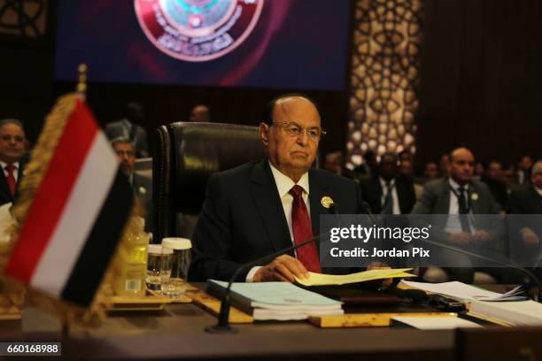 Yemeni president Abd-Rabbu Mansour Hadi attends during the Arab League summit in the Jordanian Dead Sea resort of Sweymah, Jordan, March 29, 2017....