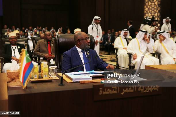 President of Comoros Azali Assoumani attends during the Arab League summit in the Jordanian Dead Sea resort of Sweymah, Jordan, March 29, 2017. Arab...