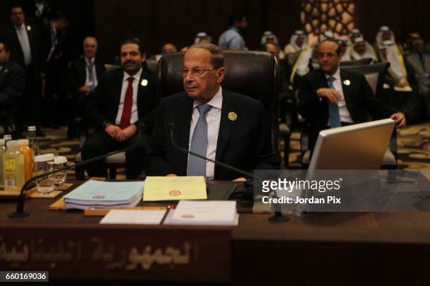 Lebanon's president Michael Awn attends during the Arab League summit in the Jordanian Dead Sea resort of Sweymah, Jordan, March 29, 2017. Arab...