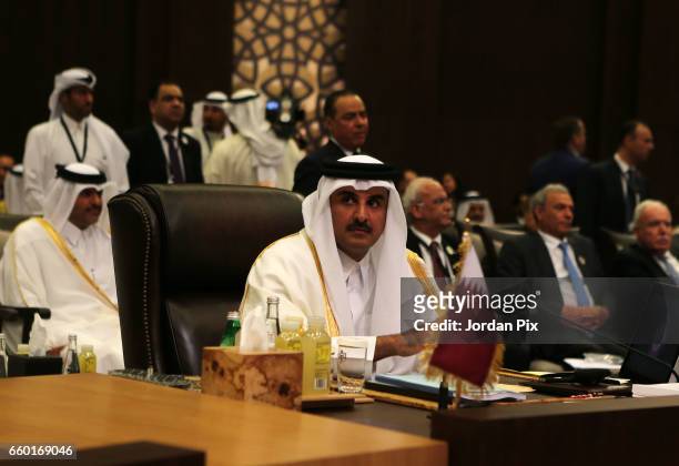Emir of Qatar Sheikh Tamim Bin Hamad Al Thani attends during the Arab League summit in the Jordanian Dead Sea resort of Sweymah, Jordan, March 29,...