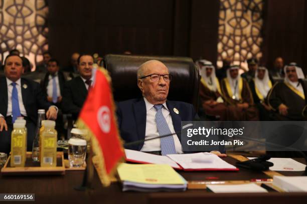 Tunisian president Beji Caid Essebsi attends during the Arab League summit in the Jordanian Dead Sea resort of Sweymah, Jordan, March 29, 2017. Arab...